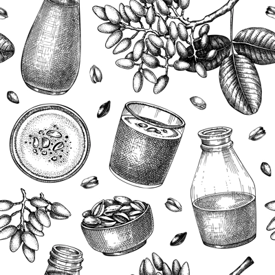 Pistachio milk pattern. Dairy products seamless endless background design. Repeating print with plant milk, pistachio nut, tree branches. Nut milk vector sketches for fabric, textile, packaging